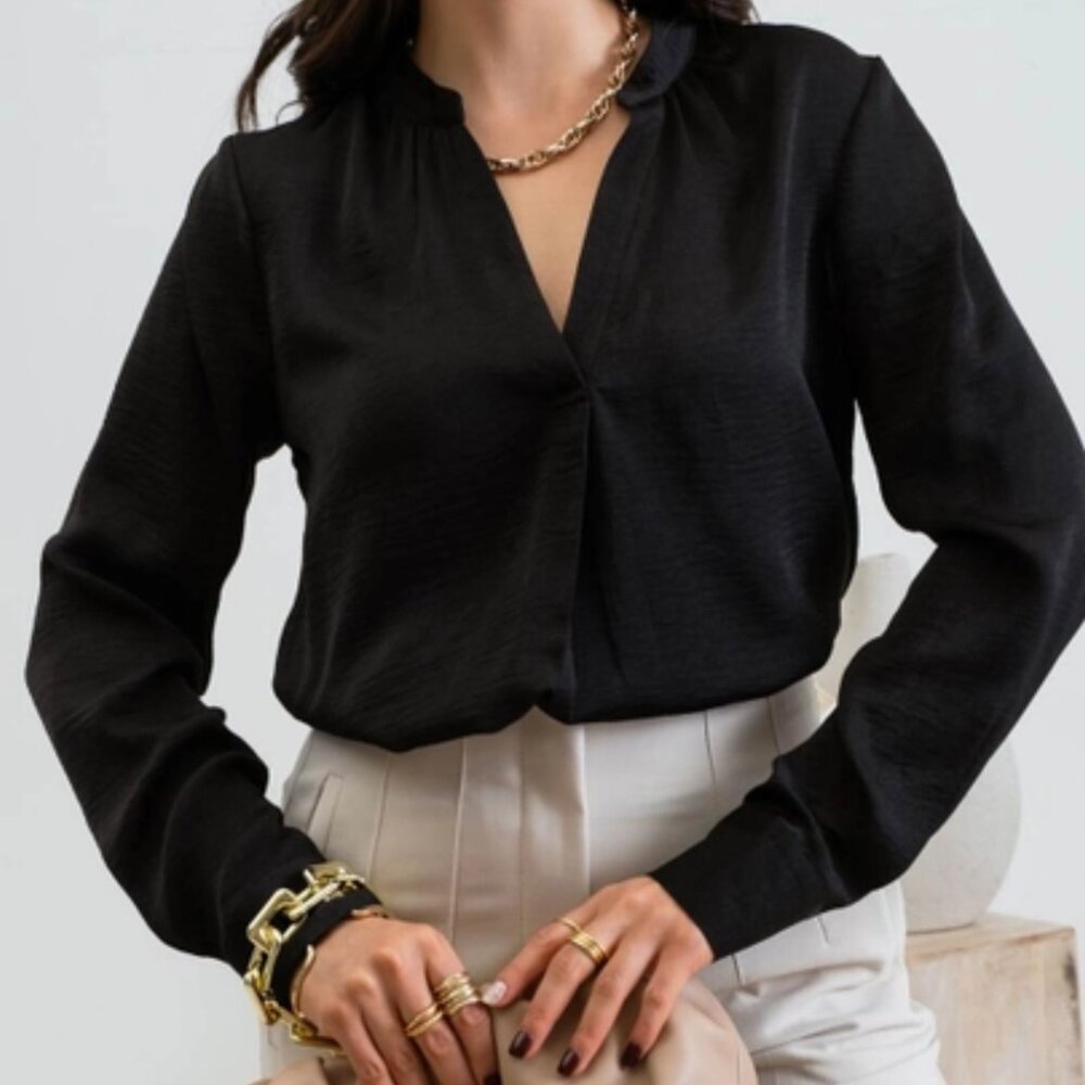 New Black V Neck Blouse Womens Large Relaxed Fit Blu Pepper Quiet Luxury
